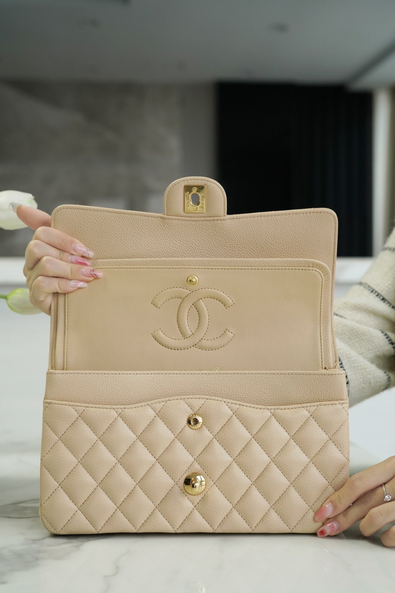 Chanel Genuine Leather Caviar Medium Apricot Color - Image 4