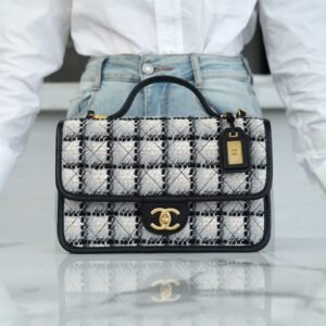 Chanel 22K Black and White Plaid Tweed Postman Tofu Bag